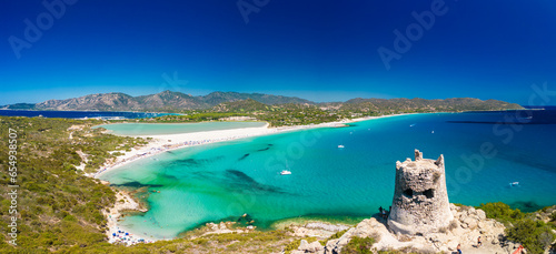 Aerial view of Porto Giunco beach and tower in Villasimius, Sardinia, Italy photo