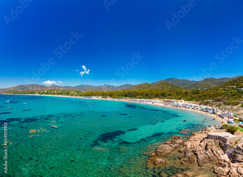 Aerial drone view of Kal'e Moru beach in Geremeas, Sardinia © Martin Valigursky