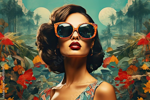 Female portrait with sunglasses in retro style with colorful flowers in the background 