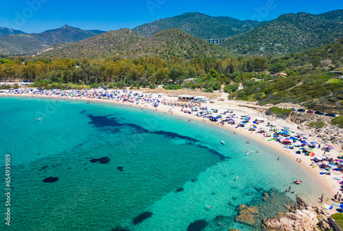 Aerial drone view of Kal e Moru beach in Geremeas  Sardinia