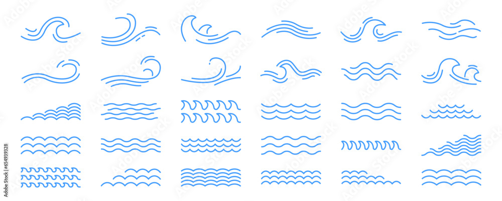Water wave, sea wave set. Zigzag line. Water logo, symbol vector collection.