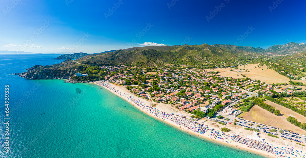 Aerial view of the Solanas beach in the province Sinnai in Sardinia, Italy