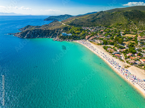Aerial view of the Solanas beach in the province Sinnai in Sardinia, Italy