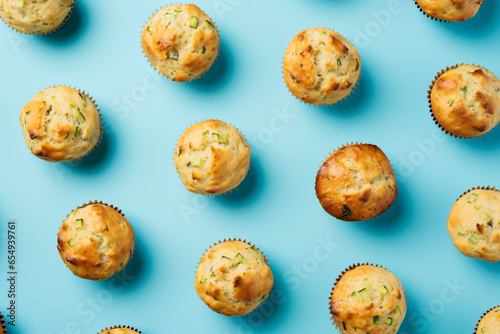 Warm Zucchini muffins on a blue background, seasonal food. AI Generative