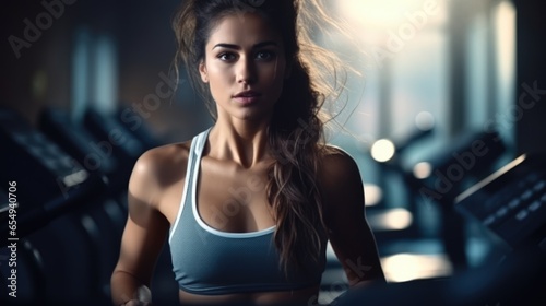 A beautiful woman in a fitness room runs on a treadmill.
