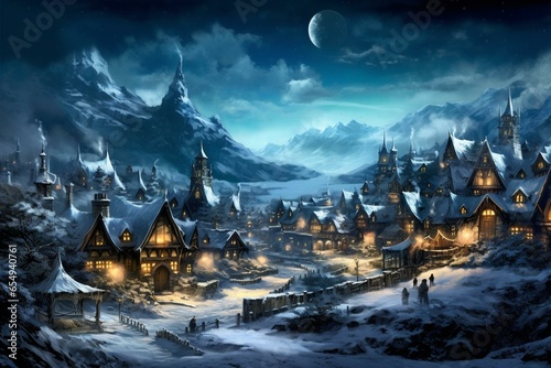 An illuminated winter village at dark. Generative AI © Zephyr