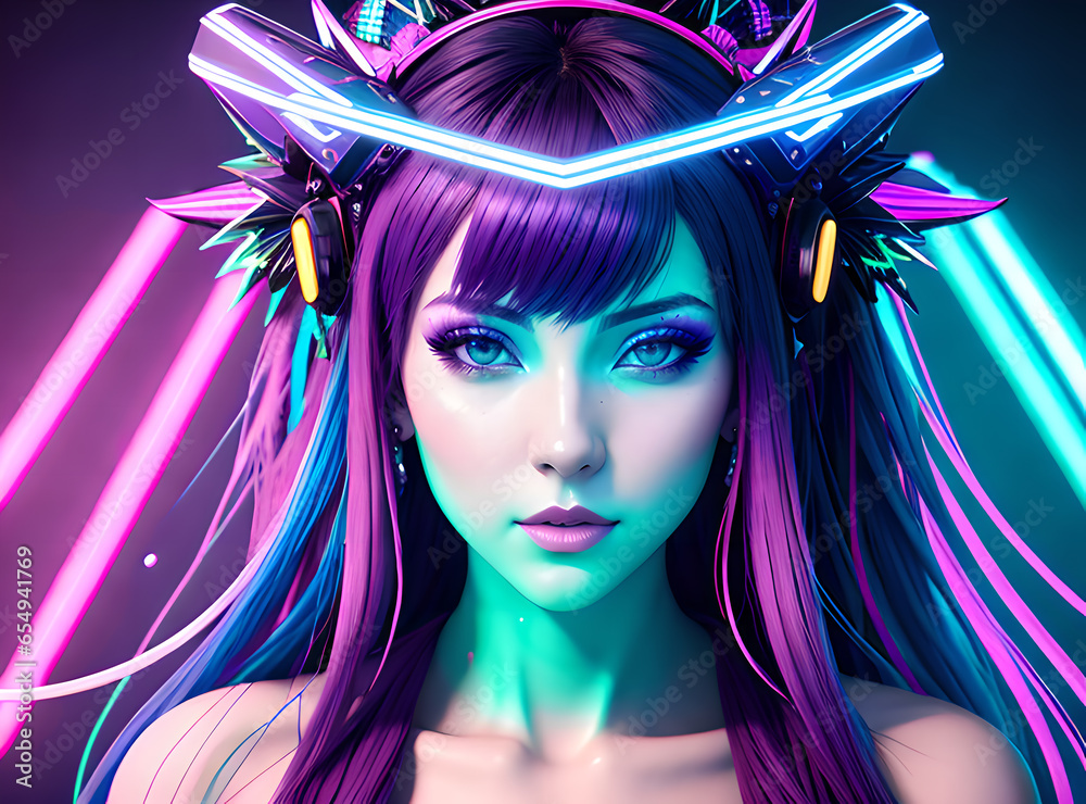 Bright fashionable girl, neon light, future cyberpunk style, Generative AI