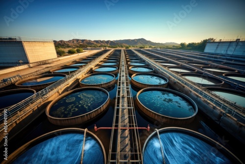 A wastewater treatment plant with a massive tank filled with water