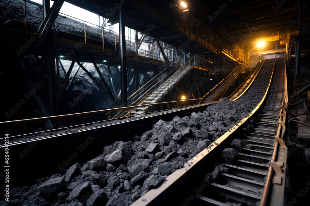 Obraz premium Conveyor holds mined coal within coal mine, awaiting transport