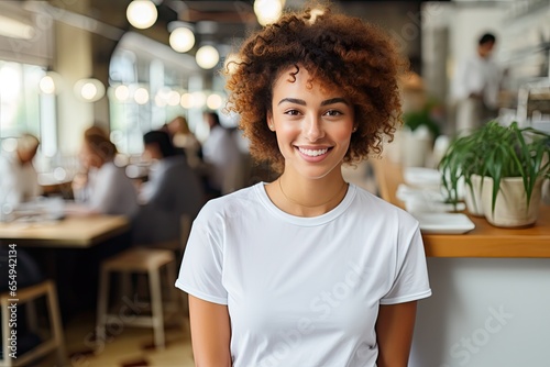Portrait of cheerful young girl wearing white mockup tee shirt