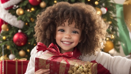 Curley haired little girl with christmas gift photo