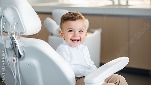 Handsome happy boy in light clothes at a dentist appointment.