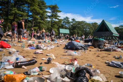 People gathered around a pile of garbage in a park