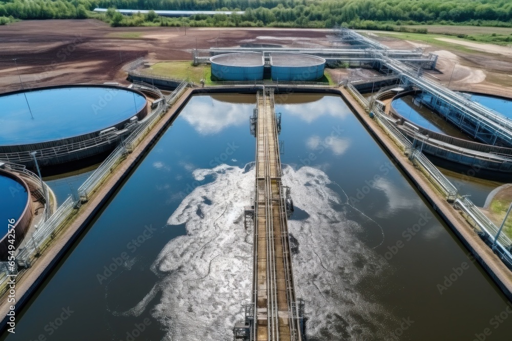 A bird's-eye view of a sprawling water treatment facility A bird's-eye view of a sprawling water treatment facility