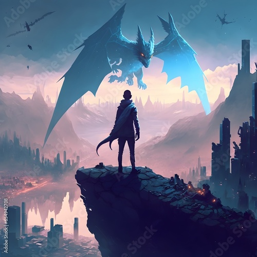 video game concept art of a person standing on a hill with tiny dragons flying in the far distance overlooking a city with blue tint 