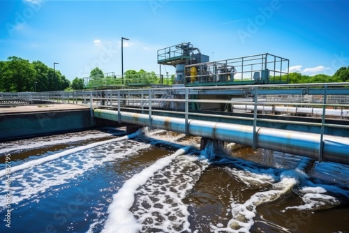 A wastewater treatment plant with a large pipe running over a body of water photo