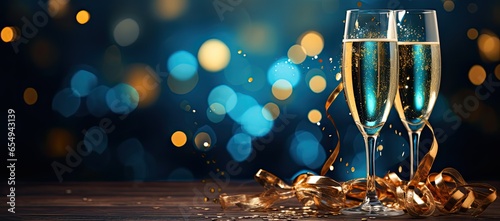 Two golden champagne flutes grasses on a new year eve background