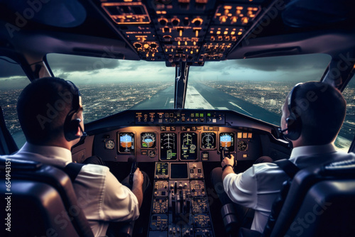 two pilots piloting the plane view from inside the cockpit, the work of the crew to control the aircraft