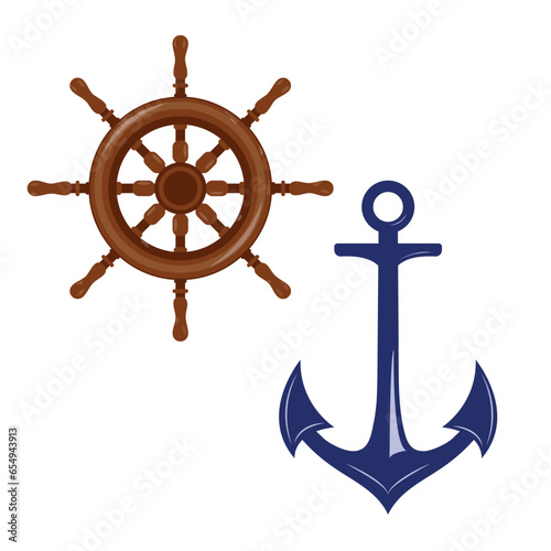 Ship's helm and anchor.