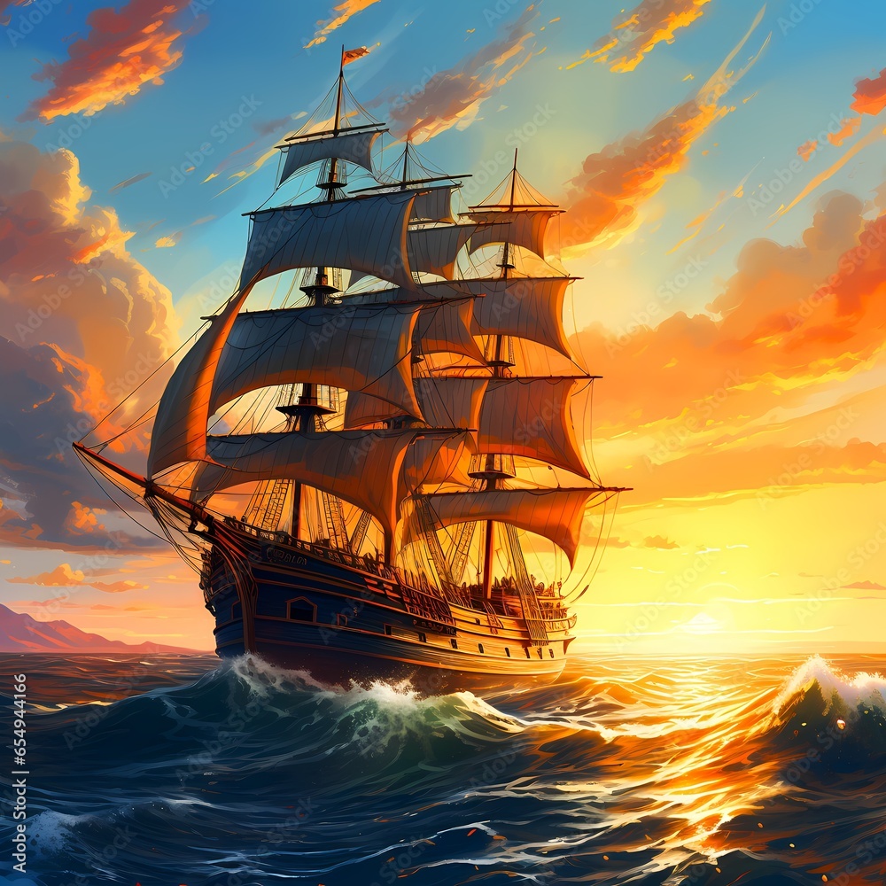 Fototapeta premium Ship On A Wavy Sea At Sunset