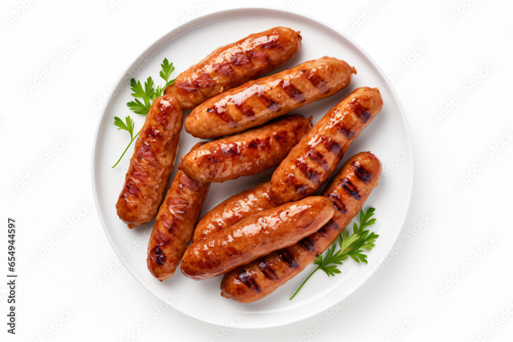 Hot grilled sausages on a white background, seasonal food. AI Generative