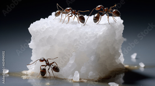 ants trying to carry away a piece of sugar - group of black fire ants on sugar cubes - teamwork concept photo