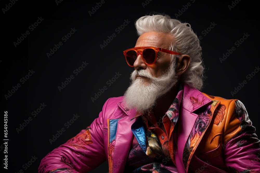 Moderner Santa Claus in Rosa: Hipper alter Mann mit weißem Bart