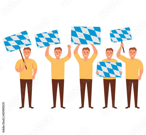 Free State of Bavaria flag waving man.Joyful guy hand holding Bavaria flag.Character cartoon vector flat illustration. Patriot germany citizen. Federal Republic of Germany.