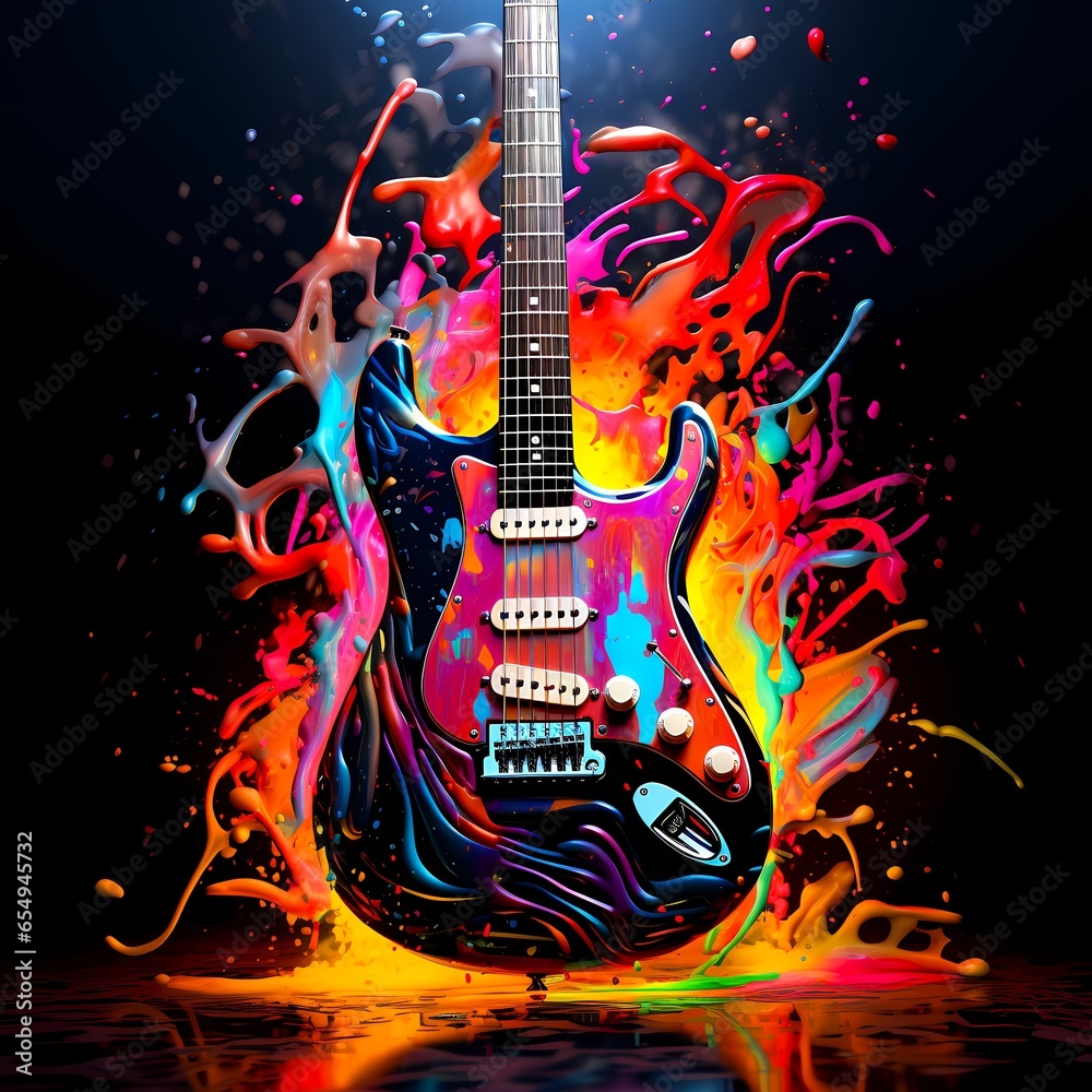 Rock Guitar Surrounded By Colorful Paint