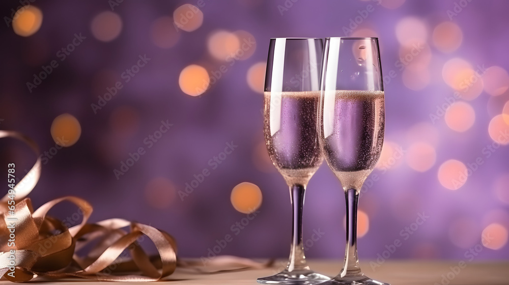 Two champagne glasses on Pale purple color a background of fireworks with copy space
