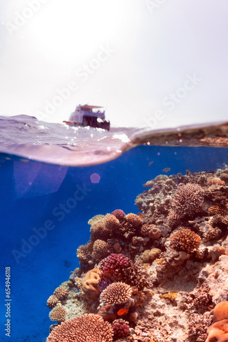 Surface split photo of coral reef and boat