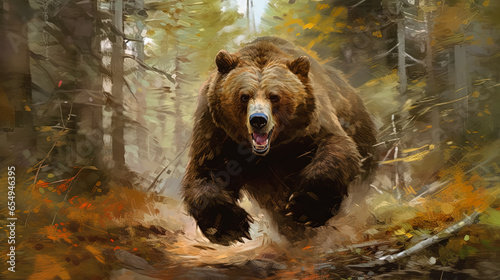 Furious attacking brown bear in the autumn forest