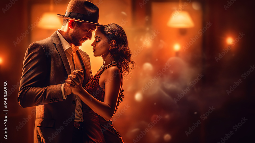 Man and woman in a romantic dance. Stylized illustration on an abstract background in red and orange tones. - obrazy, fototapety, plakaty 