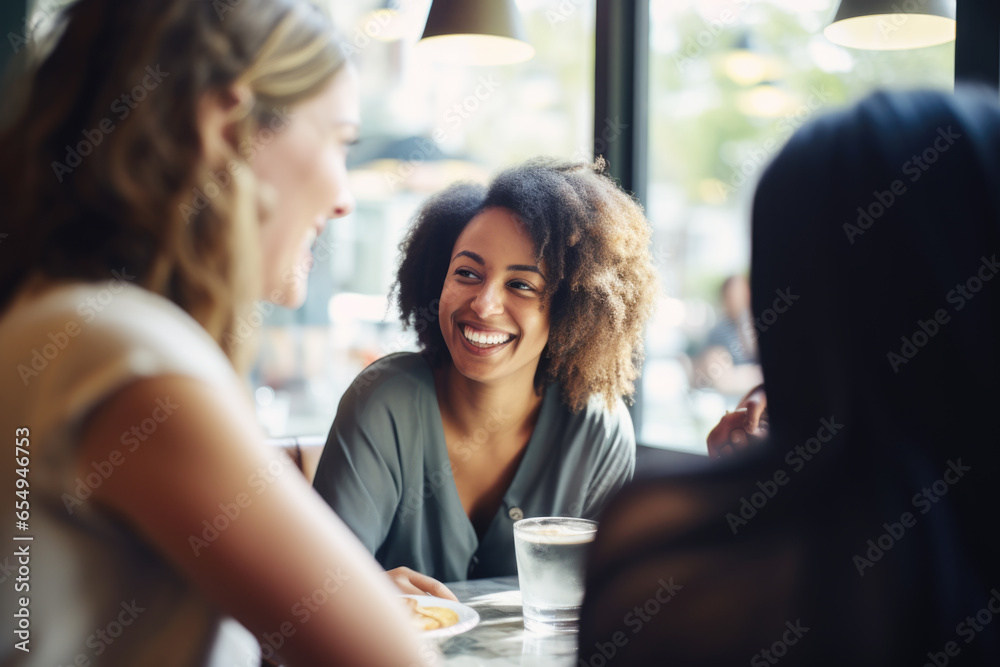 Happy smiling female friends sitting in a café laughing and talking during a lunch break Happy smiling female friends sitting in a café laughing and talking during a lunch break