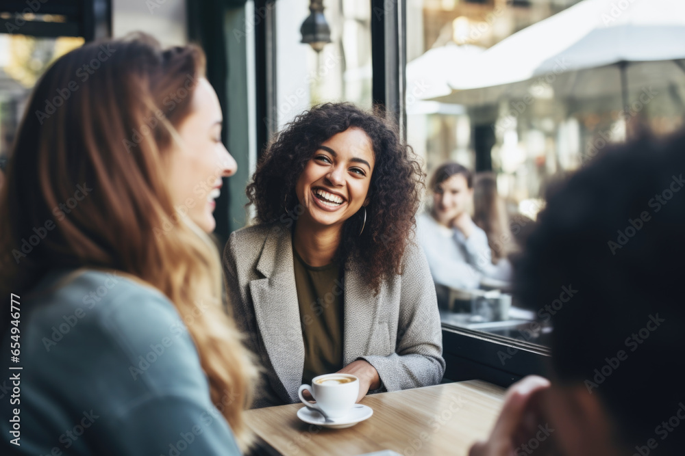 Happy smiling female friends sitting in a café laughing and talking during a lunch break Happy smiling female friends sitting in a café laughing and talking during a lunch break