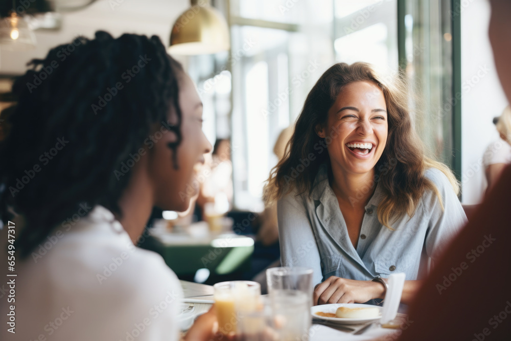 Happy smiling female friends sitting in a café laughing and talking during a lunch break Happy smiling female friends sitting in a café laughing and talking during a lunch break