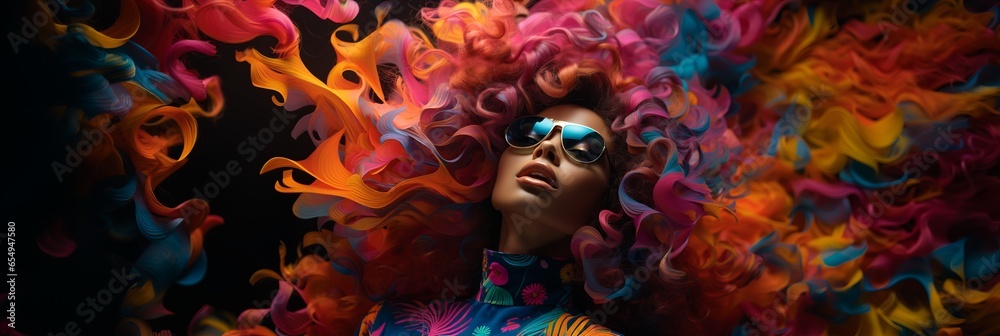 afro american woman with sunglasses and hair made of many colors in black background