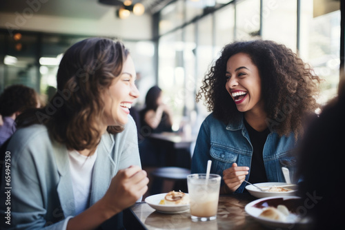 Happy smiling female friends sitting in a caf   laughing and talking during a lunch break
