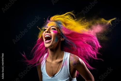 girl with pink hair and singing happy in a colorful explosion