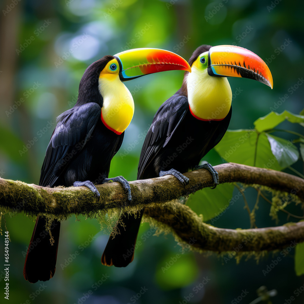 Pair of toucans sitting on a branch in the rainforest Pair of toucans sitting on a branch in the rainforest