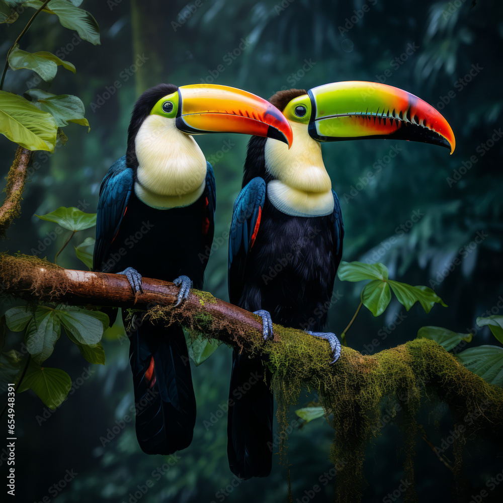 Fototapeta premium Pair of toucans sitting on a branch in the rainforest