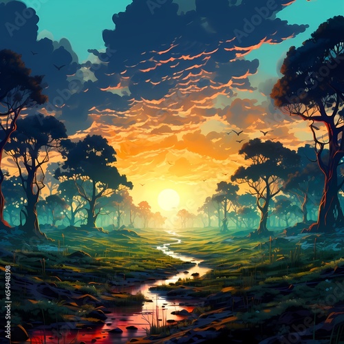 Landscape Of A Forest At Sunset With A Creek