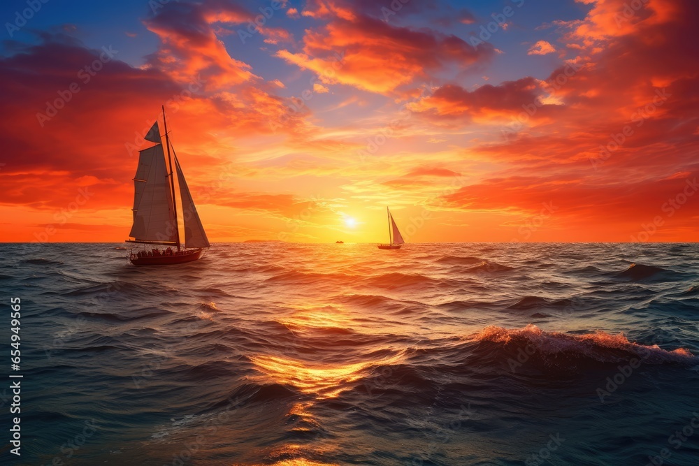 Sunset on the ocean with sailing yachts on the horizon 