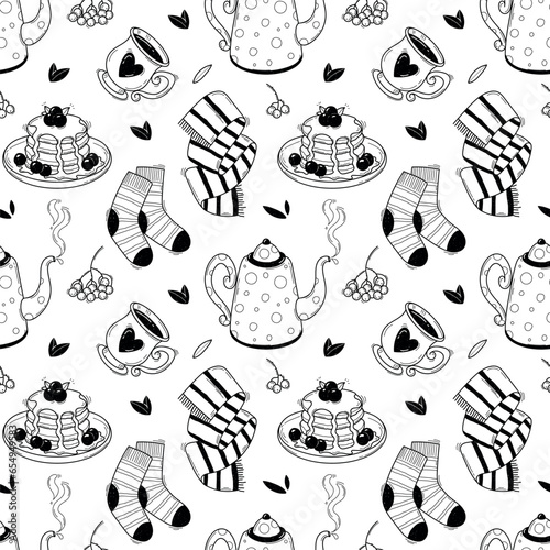 Black and white Autumn seamless pattern with cozy elements in doodle style. Vector illustration of warm clothes and delicious tea
