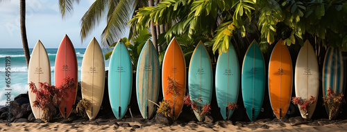 Colorful Vintage style surfboards standing near a beach 