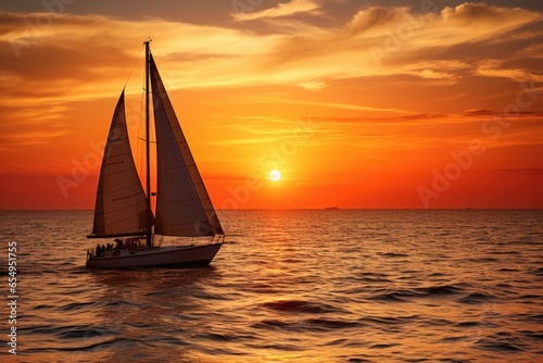 Sunset on the ocean with sailing yachts on the horizon  © PinkiePie
