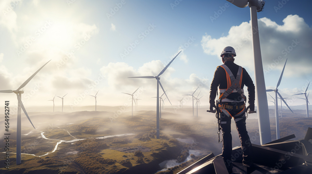 A worker standing on top of a wind turbine. ai generative - obrazy, fototapety, plakaty 