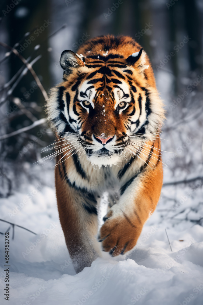 Tiger in wild running in the snow, action wildlife scene