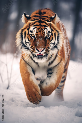 Tiger in wild running in the snow, action wildlife scene