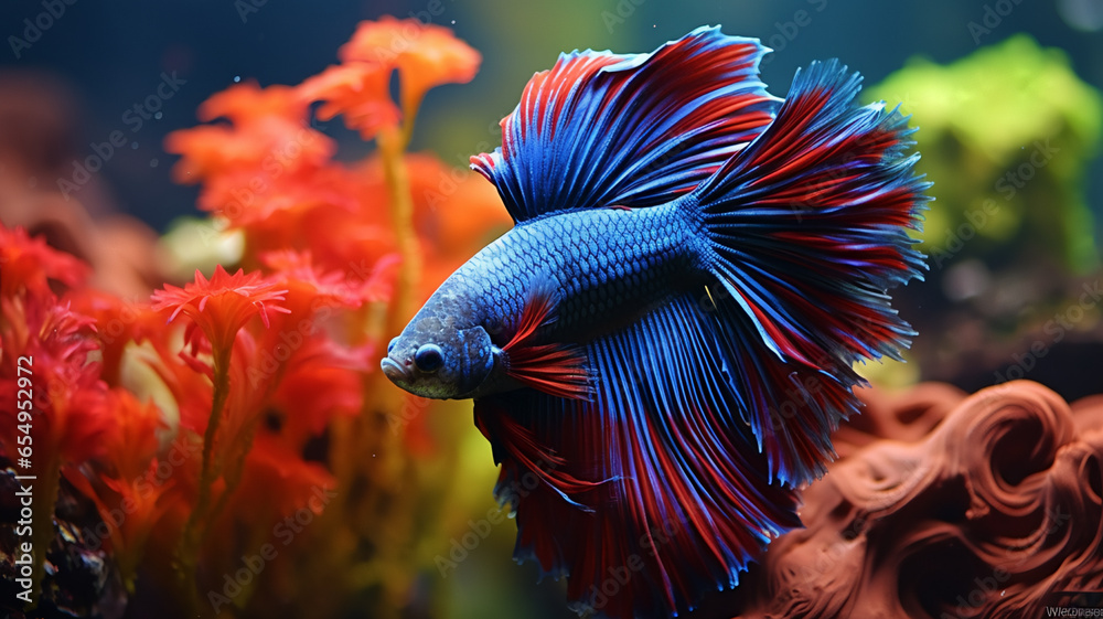Obraz premium Betta fish gracefully swimming in a well-decorated aquarium, AI Generative.